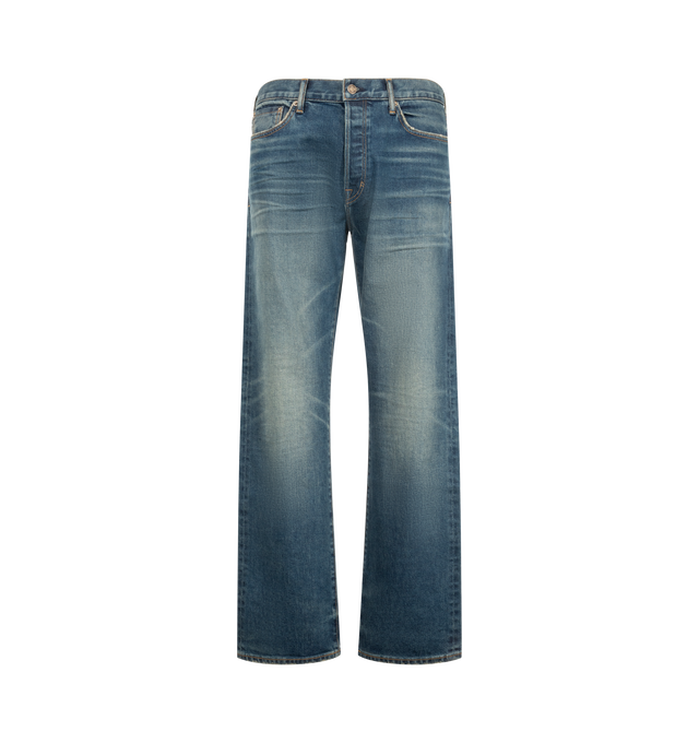 Image 1 of 3 - BLUE - Tom Ford Men's washed indigo, a 50's straight fit denim, is crafted in stretch selvedge denim. An extra comfort is added through subtle stretch, while a modern reinterpretation is given by the washed faded indigo finish with visible colour variations. Composition: 98% cotton 2% elastane. Made in the United States. 