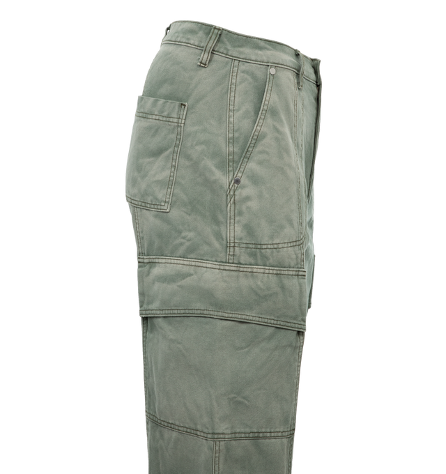 Image 2 of 3 - GREEN - RHUDE Canvas Cargo Pants featuring belt loops, multi pocket styling, zip-fly, cargo pockets at outseams and logo-engraved silver-tone hardware. 100% cotton. 