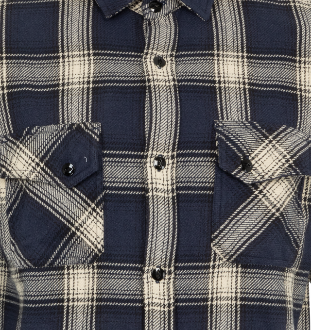 Image 3 of 3 - BLUE - 3Sixteen Crosscut Flannel Shirt features a button front closure, a lightly textured feel, chest pockets with button flap closures, and button cuffs. 100% cotton flannel. Made in India.  