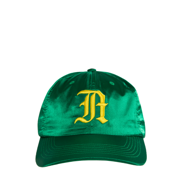 Image 1 of 2 - GREEN - NOAH Team Structured 6-Panel Hat featuring embroidered eyelets, adjustable snapback closure and embroidered graphic on front. 100% Japanese polyester satin with 100% cotton twill under visor. Made in USA. 