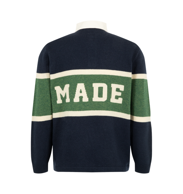 Image 2 of 2 - NAVY - Human Made Men's Rugby Knit Sweater is crafted from a mid-gauge wool-blend knit and features a rugby shirt-inspired silhouette with a soft cotton collar for enhanced comfort. Designed in an original striped colorway, this statement knit is finished with Human Made logo intarsia artwork at both the front and back. Main Material: 81% Wool, 19% Nylon. Collar: 100% Cotton.  