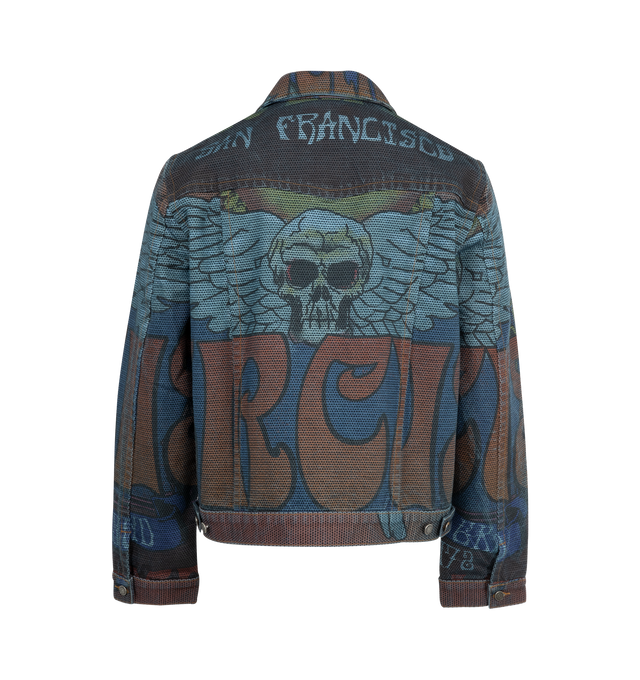 Image 2 of 3 - BLUE - COUT DE LA LIBERTE Johnny Circus Print Wings Trucker Jacket featuring a classic button front closure, two button flap chest pockets, classic collar, button cuffs and print throughout. 100% cotton. Made in the USA. 