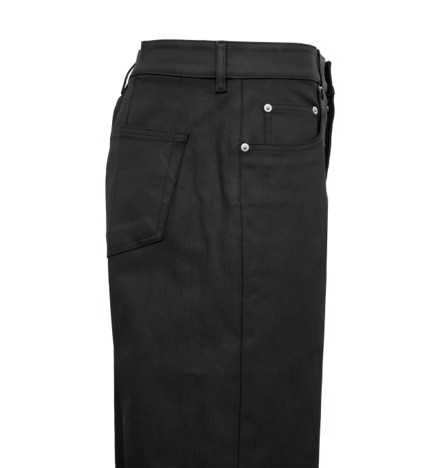 Image 3 of 4 - BLACK - RICK OWENS Denim Geth jeans in black stretch denim. Featuring a full-length, low-rise, wide-leg fit, 5 pocket stylewith silver button fly, belt loops and pocket rivets. Crafted from lightweight stretch denim covered with a matte and dry chalk coating. 91% cotton, 6% elastomultiester, 3% rubber with 100% cotton pocket lining.  