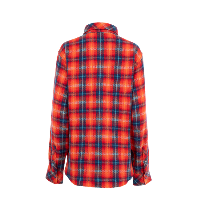 Image 2 of 3 - RED - GOD'S TRUE CASHMERE Totally Wired Tartan Cashmere Shirt featuring tartan plaid, point collar, two chest flap pockets and long sleeves. Snap buttons: Lapis for Wisdom & Truth. 100% cashmere. 