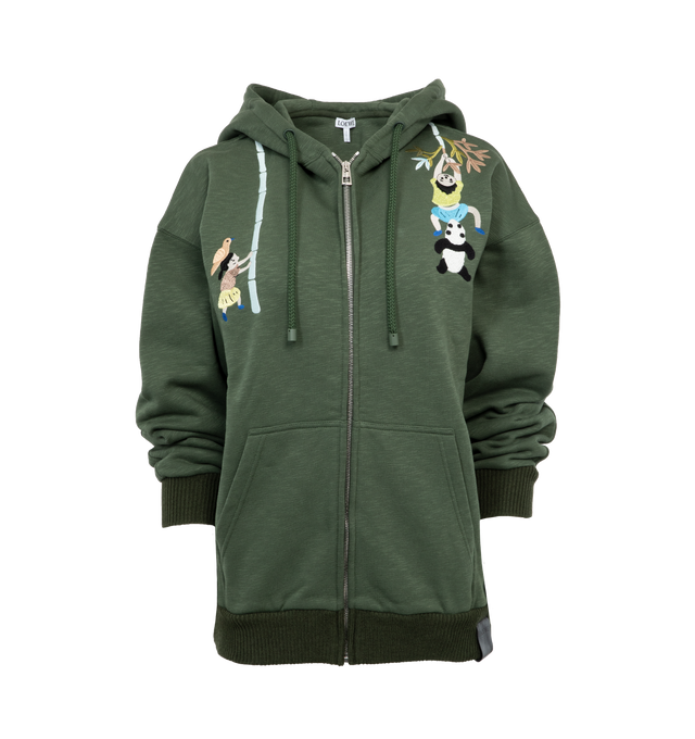 GREEN - LOEWE Zip-Up Hoodie featuring relaxed fit, long length, Panda and Parrot embroideries at the front, hooded collar with drawstring, rib knit cuffs and hem, zip front fastening, kangaroo pockets and LOEWE embossed leather tab placed at the hem. Cotton. Made in Portugal.