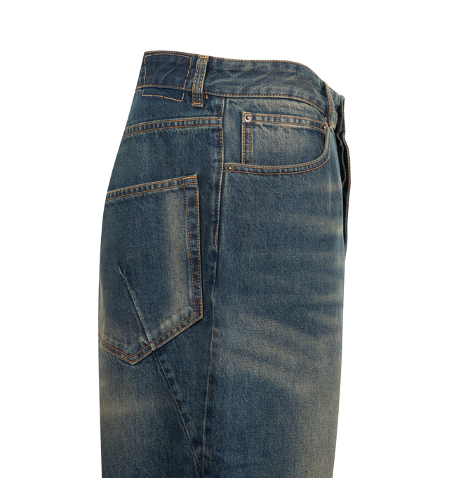 Image 3 of 3 - BLUE - VETEMENTS Spiral Jeans featuring non-stretch denim, fading and whiskering throughout, belt loops, five-pocket styling, button fly, curved inseam and outseams and logo-engraved hardware. 100% cotton. Made in Italy. 