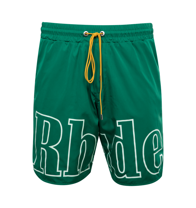 Image 1 of 3 - GREEN - RHUDE Logo Shorts featuring drawstring at elasticized waistband, two side pockets and one back pocket, logo printed at front, vented outseams and engraved silver-tone hardware. 100% nylon. Lining: 100% polyester. Made in USA. 