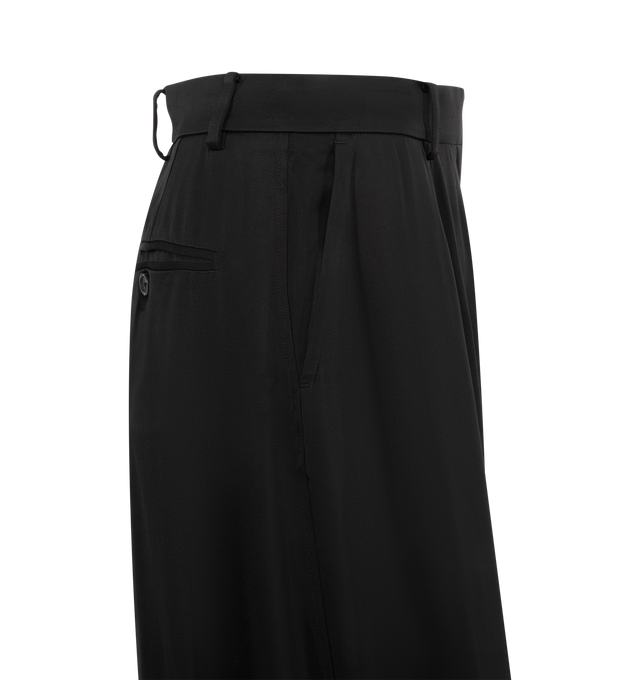 Image 3 of 3 - BLACK - TOTEME Wide Satin Trousers featuring belt loops, side and back pockets, zipper fly, a wide, straight silhouette that tapers gently towards the hem, cut from lustrous satin with a structured waistband, dropped rise, and a flat front with precise darting. 100% viscose. 