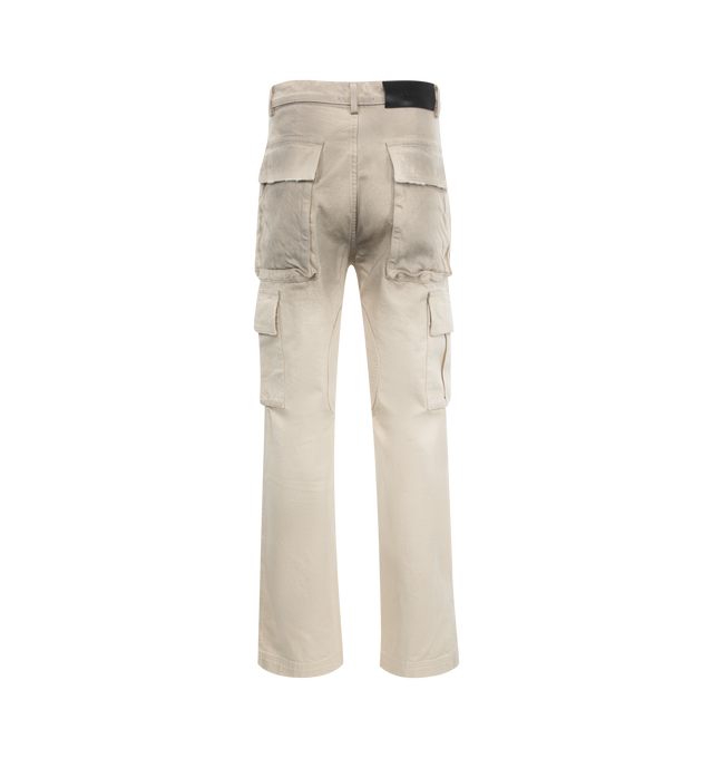 Image 2 of 3 - WHITE - NAHMIAS X HIRSHLEIFERS Dirty White Logo Cargo Pants featuring classic denim, logo on back waistband, cargo style, baggy fit and Nahmias button closure. 100% cotton.  