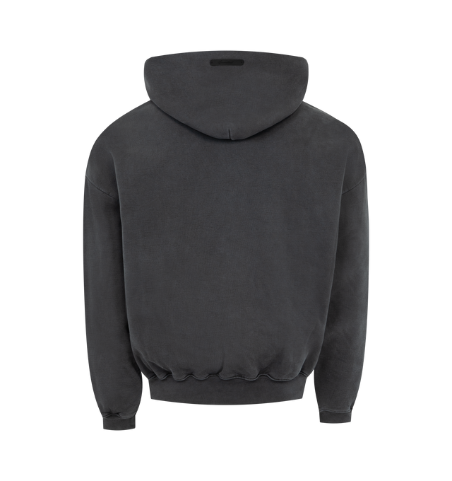 Image 2 of 3 - BLACK - FEAR OF GOD ESSENTIALS Campus 90s Hoodie 520GSM heavy fleece, pigment dyed, cropped, relaxed silhouette, exaggerated proportions with dropped shoulders for a relaxed drape, Essentials Fear of God campus puff-print graphic, side pockets, rib-knit cuffs, waist-hem and Fear of God Essentials label on the hood. 100% cotton.  