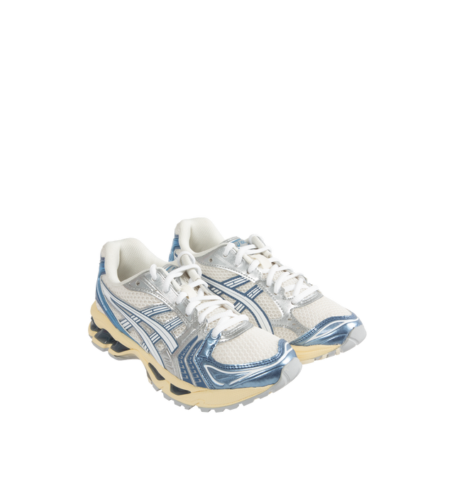 Image 2 of 5 - SILVER - Asics GEL-Kayano 14 Sneakers are lace-up style with rip-stop underlays, GEL cushioning, and TRUSSTIC support system. Unisex style in men's sizing. 