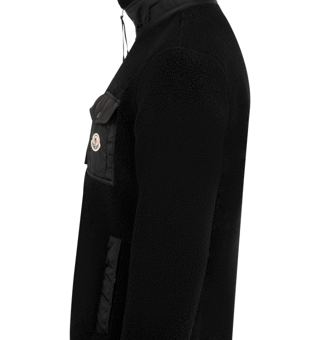 Image 3 of 3 - BLACK - MONCLER Teddy Zip-Up Sweatshirt with Pocket featuring nylon trim, zipper closure, zipped pockets, nylon chest pocket with snap button closure and elastic cuffs and hem. 100% polyester. 100% polyamide/nylon. Made in Romania. 