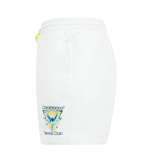 Image 3 of 3 - WHITE - CASABLANCA Tennis Club Icon Sweatshorts featuring tennis logo on front leg, an elasticated waistband, toggle drawstring fastening, slanted side pockets and a patch back pocket. 100% cotton. Made in Portugal. 