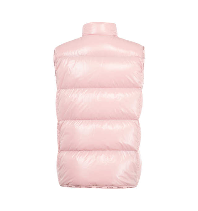 Image 2 of 2 - PINK - Moncler Badia Vest is made from nylon laquwith a snap button closure, sip pockets, and logo trim. Lined. Down-filed. Made In Romania or Georgia.  