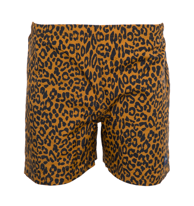Image 1 of 4 - BROWN - NOAH LEOPARD SWIM TRUNKS crafted from 100% nylon with all over print and mesh liner. Elastic drawstring waist, on-seam front pockets, flap back pocket with snap closure and drain vent. Made in Portugal. 