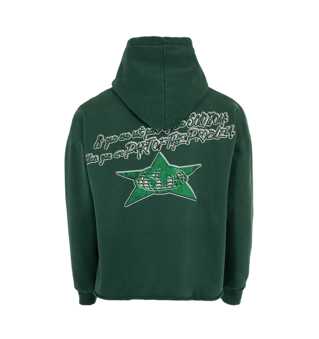 Image 2 of 8 - GREEN - BARRIERS NY X Essential Hoodie featuring pigment dyed, screen printed graphic, ribbed cuffs and hood. 100% cotton.  