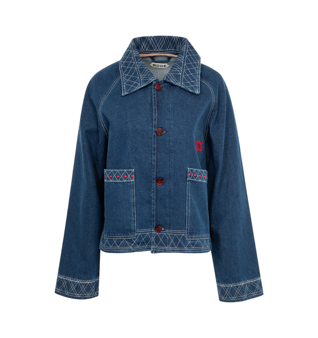 Image 1 of 2 - BLUE - BODE Embroidered Denim Quincy Jacket featuring embroidery and smocking details, monogrammed with "Bode" and trimmed with oversized red buttons and elongated fit. 100% cotton. Made in India. 
