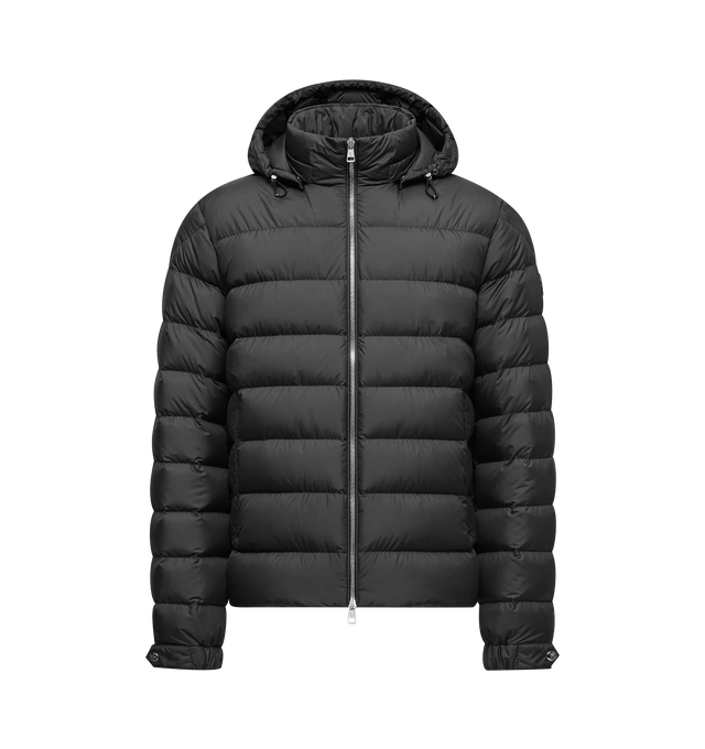 Image 1 of 1 - BLACK - Moncler Men's Arneb Hooded Short Down Jacket is crafted from lightweight, water-repellent Airsoft fabric and features a streamlined silhouette designed for everyday cold-weather wear. Down-filled for warmth, this short jacket is finished with a detachable hood with micro chic lining, a front zip closure with leather trim, zipped pockets, adjustable snap-button cuffs, and a signature leather logo patch. Main Material: 100% Polyester. Lining: 100% Polyester. Padding: 90% Down, 10% Feath 