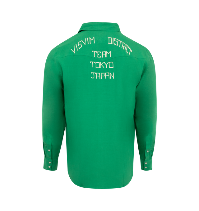 Image 2 of 2 - GREEN - VISVIM Four Corners Shirt featuring long sleeves, spread collar, full snap button closure, two patch pockets at chest, embroidered logo detailing at front, embroidered text detailing at back, snap buttoned cuffs, pressed finish and regular fit. 100% rayon. Made in Japan. 