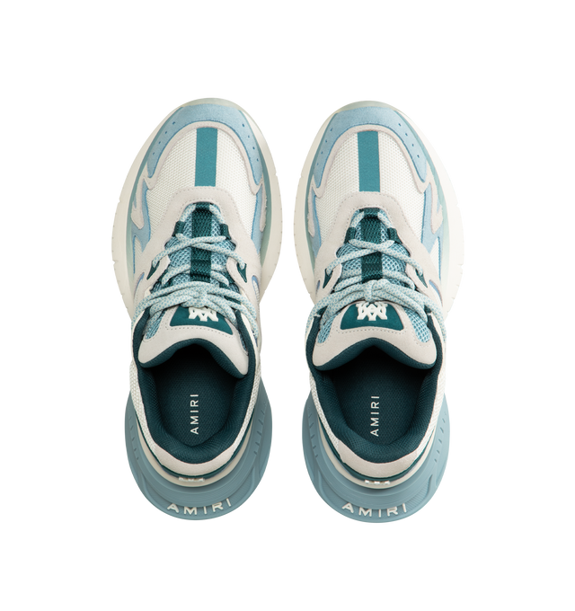 Image 5 of 5 - BLUE - AMIRI MA Runner Sneakers featuring breathable mesh fabric with leather overlays, flat heel, branded reinforced round toe, lace-up vamp, tubular laces, raised MA logo on the tongue, backstay, and side, padded tongue and collar, raised logo on the heel and rubber outsole. 