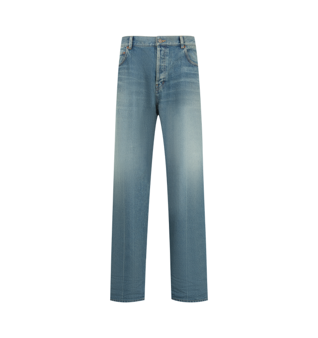Image 1 of 3 - BLUE - Saint Laurent Men's Relaxed Tapered Jeans are crafted from certified cotton and feature a mid-rise waist, relaxed tapered leg, center crease, button fly, five-pocket styling, belt loops, and a Saint Laurent Paris embossed leather jacron. This designer denim combines modern tailoring with signature Saint Laurent detailing for elevated everyday wear. Main Material: Cotton. Made in Japan. 