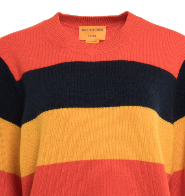 Image 3 of 3 - MULTI - GUEST IN RESIDENCE Stripe Crew featuring oversized fit, ribbed collar, cuff, and hem, Jersey body stitch, integral knitted branding. 100% cashmere.  