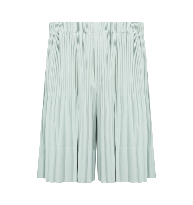 Image 1 of 3 - GREEN - Issey Miyake Men's shorts designed for portability and lightweight comfort, with the quick-drying properties unique to polyester. Featuring elastic drawstring waist, pockets on both sides and button-fly design. 100% Polyester. Made In Japan. 