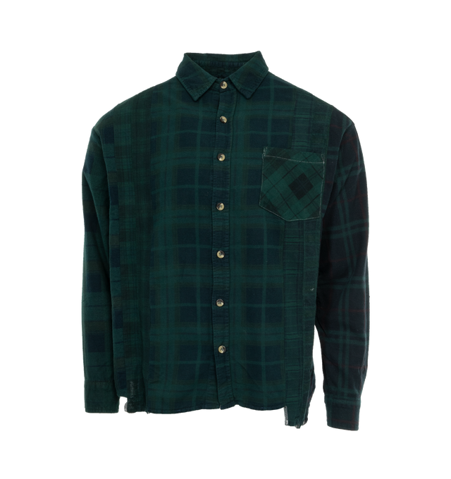 Image 1 of 3 - GREEN - NEEDLES Flannel Shirt featuring check pattern, spread collar, button closure, patch pocket and fringed detailing at shirttail hem. 100% cotton. Made in Japan.