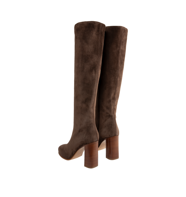 Image 3 of 4 - BROWN - Khaite Willow Knee High Boots have a round toe and side zipper with a stacked heel. Lined. 100% calfskin. Made in Italy.  