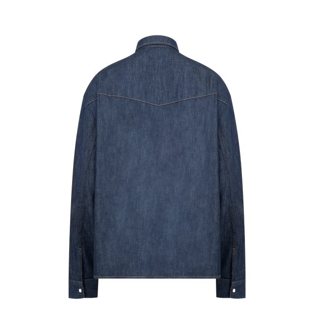Image 2 of 2 - BLUE - KHAITE Grenon Shirt featuring a slouchy fit, cropped, western yoke, pearl snap closures, marigold topstitching, angle-flap patch pocket at chest and shirttail hem that dips lower in back. 100% organic cotton. 