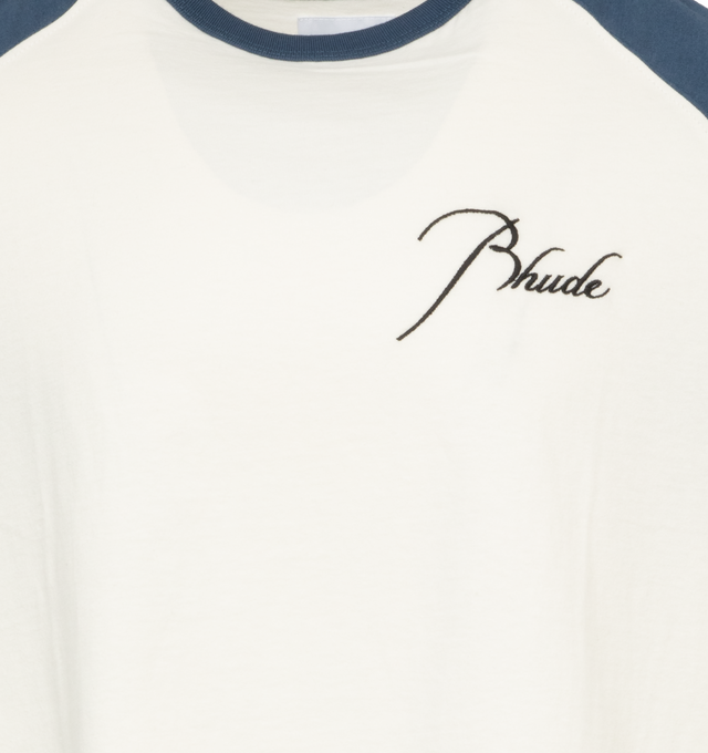 Image 3 of 4 - WHITE - RHUDE Raglan T-Shirt featuring rib knit crewneck, logo embroidered at chest and back and raglan short sleeves. 100% cotton. Made in United States. 