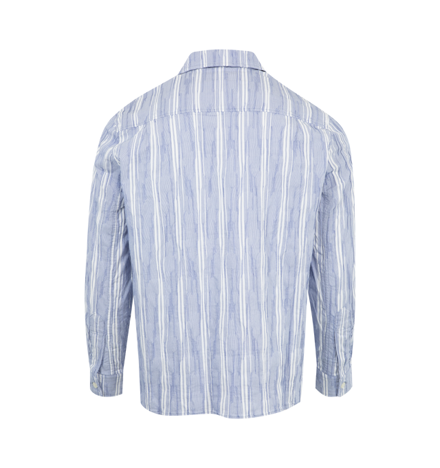 Image 2 of 2 - BLUE - Lite Year long sleeve relaxed shirt crafted from Japanese wrinkle stripe cotton with left front pocket details and pearl button closures. Cotton 66%/Polyester 34%. 