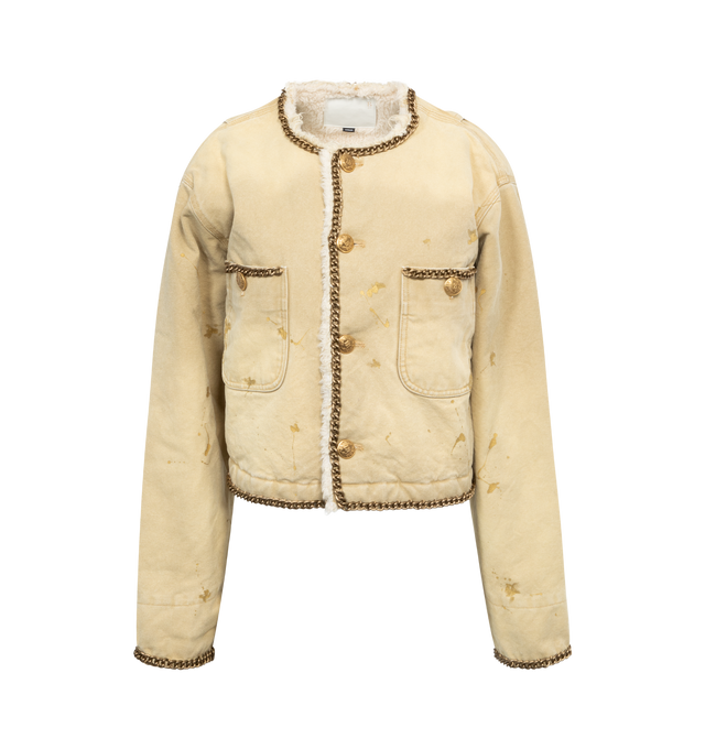 NEUTRAL - R13 Cropped Canvas Chore Jacket featuring golden R13 buttons, chain embellishments, sherpa lining and gold paint splatter throughout. 100% cotton. Lining: 100% sherpa. 