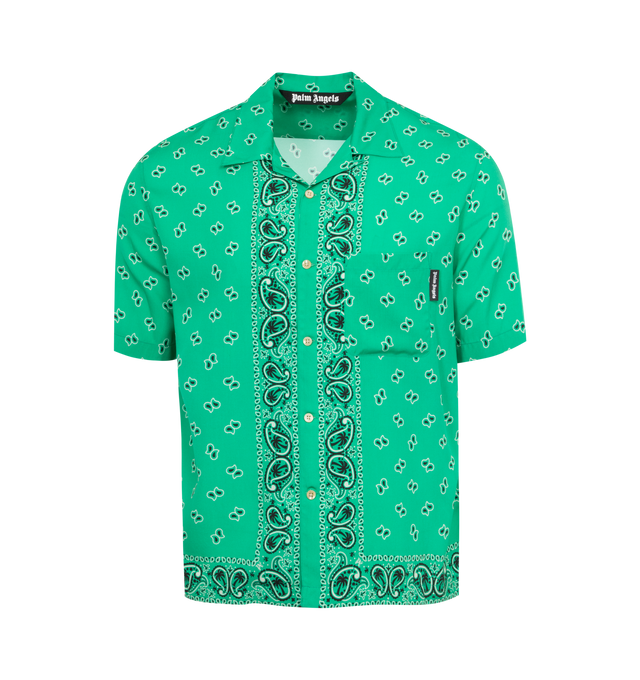 Image 1 of 2 - GREEN - PALM ANGELS Paisley Bowling Shirt featuring short sleeves, all over pattern, chest pocket and button front closure. 100% viscose. 