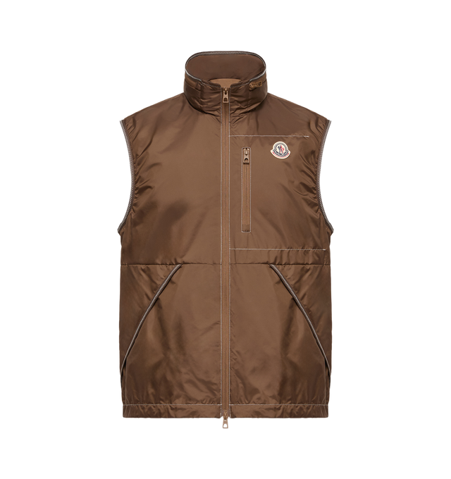 Image 1 of 2 - BROWN - MONCLER Ansiei Vest featuring water-repellent main fabric, polyester lining, pull-out hood, zipper closure, zipped pockets, hem with drawstring fastening and logo patch. 100% polyamide/nylon. 