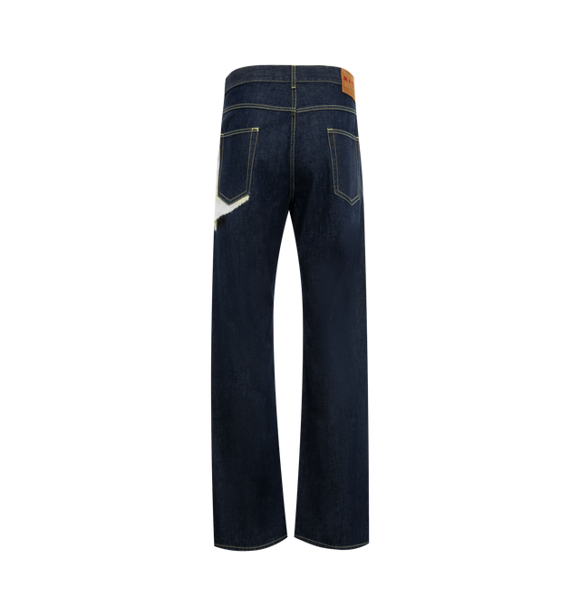 Image 2 of 3 - NAVY - Marni straight-leg 5 pocket jeans with a regulare waist, zip and button closure featuring mohair patchwork applications and leather logo label at the back. 100% cotton denim with 80% Mohair, 20% Polyamide applications. Made in Italy. 