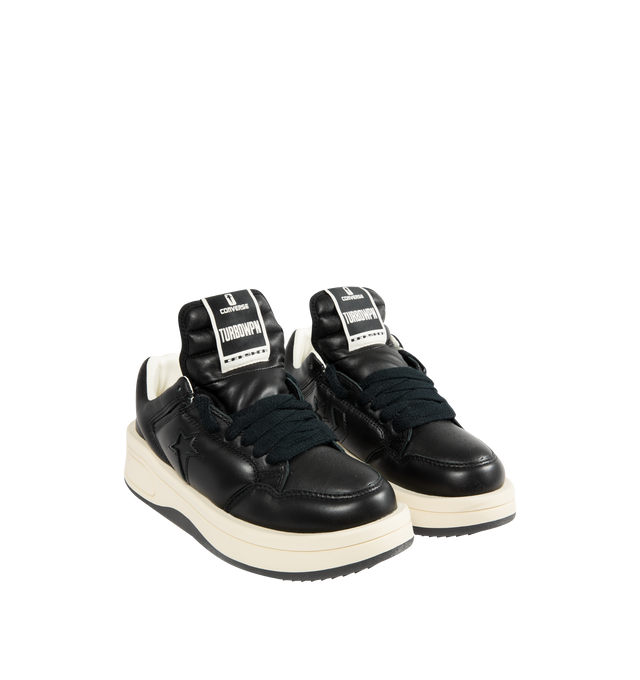 Image 2 of 5 - BLACK - Rick Owens DRKSHDW x Converse TURBOWPN Ox Sneakers featuring low-top, buffed leather, perforated detailing at toe and sides, lace-up closure, logo flag at extended padded tongue, padded collar, logo cutout at sides, buffed faux-leather lining and treaded rubber platform sole. 