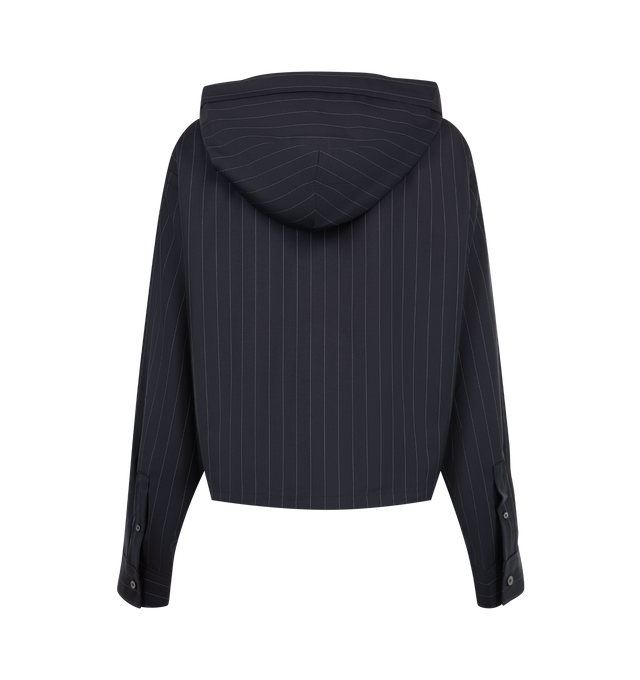 Image 2 of 3 - BLUE - Acne Studios Women's Button-Up Wool Overshirt is crafted from wool with a seasonal pinstripe pattern and features a relaxed-fit, hip-length silhouette. Designed with a hood, button-front closure, shirt cuffs, drawcords at the hood and hem, side-seam pockets, and a logo patch at the hem. Main Material: 100% Wool. 