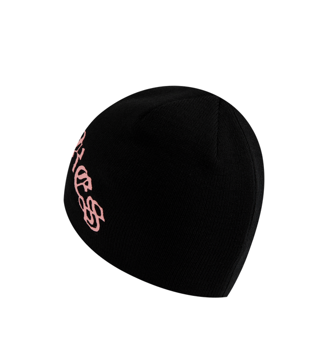 Image 2 of 2 - BLACK - Pleasures Ollie Skully is an uncuffed beanie style with intarsia knit branding. 100% acrylic.  