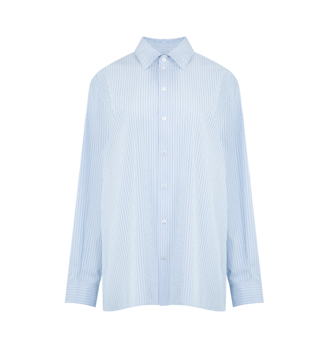 Image 1 of 2 - BLUE - SAINT LAURENT Striped Shirt featuring button closure, classic collar, button front closure, button cuffs and oversized fit. Made in Italy.  