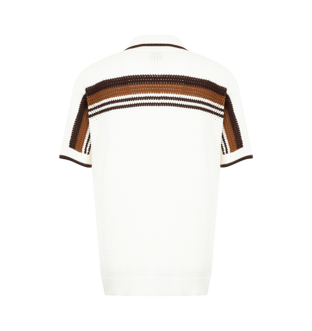 Image 2 of 2 - BROWN - Casablanca Men's Tennis Stripe Crochet Short Sleeve Shirt featuring the house's diamond logo patch and tennis stripe detail across the shoulders, chest and sleeves, in natural colours forming a gradient effect. Completed with a ribbed collar, cuffs, hem and placket, button closure, front patch pockets, signature gold rim pearl buttons, and a relaxed silhouette. Designed to be worn with the coordinating crochet shorts. 100% cotton. Made in Malaysia. 