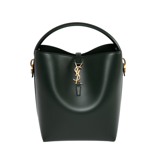 GREEN - SAINT LAURENT Le 37 Bucket Bag featuring metal cassandre hook closure, one zipped pouch, suede lining, and four metal feet. 20 X 25 X 16cm. Handle drop: 9cm. Strap drop: 40cm. 100% calfskin leather. Made in Italy. 