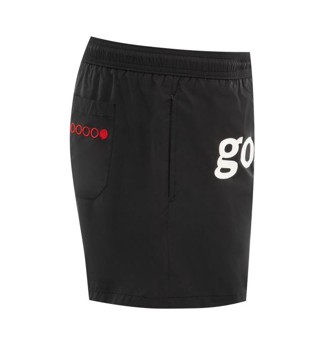 Image 3 of 3 - BLACK - MR. SATURDAY Good Luck Bathing Suit featuring drawstring closure, half lined, seam pockets and rear patch pockets, screen print on front and embroidered logo on rear pocket. 100% polyester. 