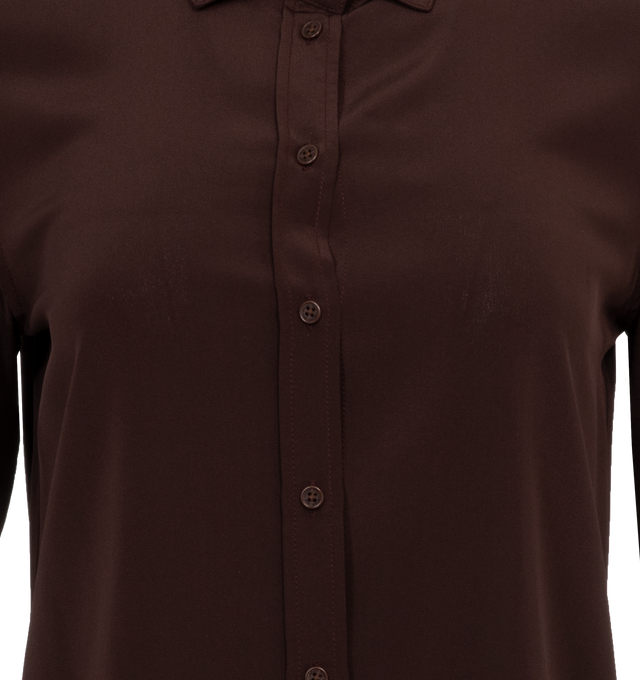 Image 3 of 3 - BROWN - NILI LOTAN Gaia Slim Fit Shirt featuring long-sleeves, button-front, sheer, spread collar, straight front hem, shaped back shirttail hem, tonal buttons at placket and cuffs. 100% silk. Made in USA. 