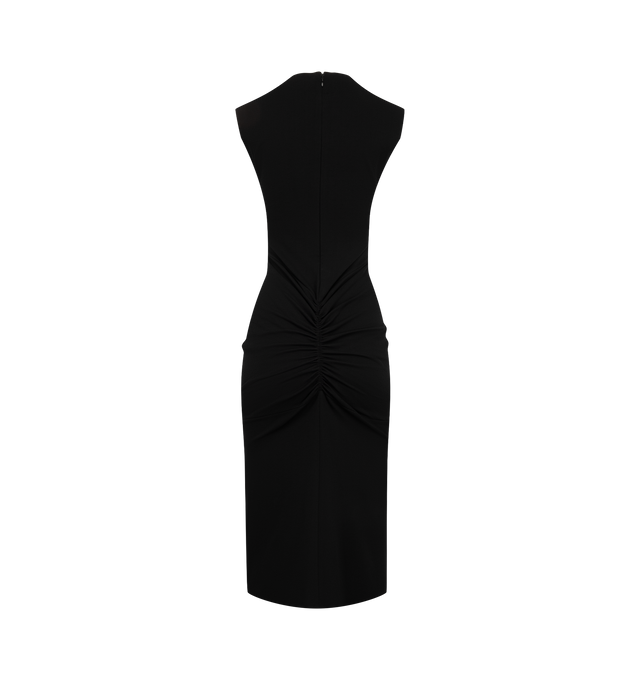Image 2 of 2 - BLACK - Jacquemus Women's Gathered Midi Dress is crafted from virgin wool and features a fitted silhouette, round neckline, sleeveless construction, and gathering at the back. Designed with an upward-curving back vent, signature "J" embroidery at the hip, and an invisible back zip closure, this streamlined style offers a refined tailored finish. Main Material: 95% Virgin Wool, 5% Elastane. Fit: Fitted. Length: Midi. Neckline: Round Neck. Sleeves: Sleeveless. Details: Gathered Back, Upward-C 