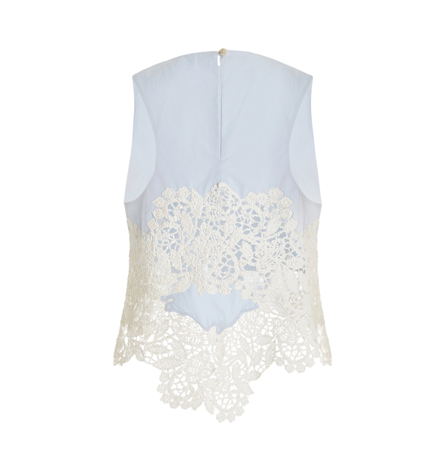 Image 2 of 2 - BLUE - ROSIE ASSOULIN Lace V Tank featuring scallop contrast lace trim, crew neckline, button keyhole back, sleeveless, straight fit and high-low hem. 100% cotton. 