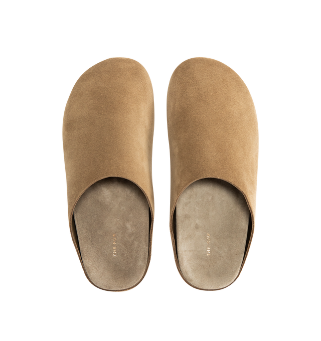 Image 4 of 4 - BROWN - THE ROW Hudson Slide in Suede featuring relaxed slip-on shoe in natural suede with round toe, contoured footbed, and rubber sole. 100% calfskin leather. Rubber sole. Made in Italy. 