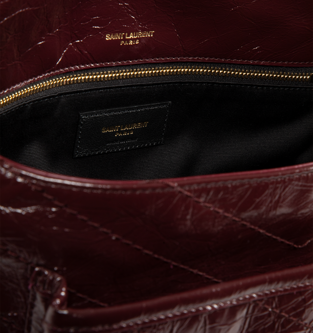 Image 4 of 4 - RED - NIKI Medium Bag in vintage leather featuring chevron-quilted topstitching, sliding leather-and-chain strap allows for both shoulder and crossbody carry, chrome-free, metal-free tanned leather, certified cotton lining, bronze-tone hardware, magnetic snap closure, one back pocket and one open pocket under flap. 11" x 7.9" x 3.3". Calfskin leather. Made in Italy. 