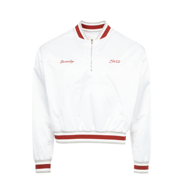 WHITE - GIVENCHY Shiny Pull-Over Bomber Jacket featuring classic collar, half zipper on the front, contrasting GIVENCHY 1952 signature embroidered on the chest, one kangaroo pocket on the front, ribbed elastic knit collar, hem and cuffs with contrasting stripes and classic fit. 100% polyamide. Made in Portugal.