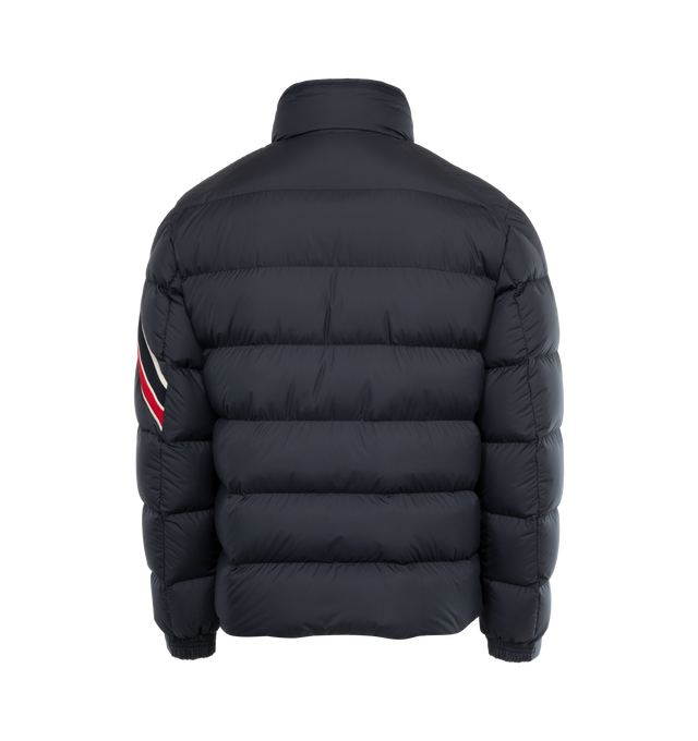 NAVY - MONCLER Solayan Jacket featuring down-filled, stand collar with collapsable hood, zipper closure, zipped pockets, adjustable cuffs with snap button closure and stripes on sleeve. 100% polyester. Padding: 90% down, 10% feather. 